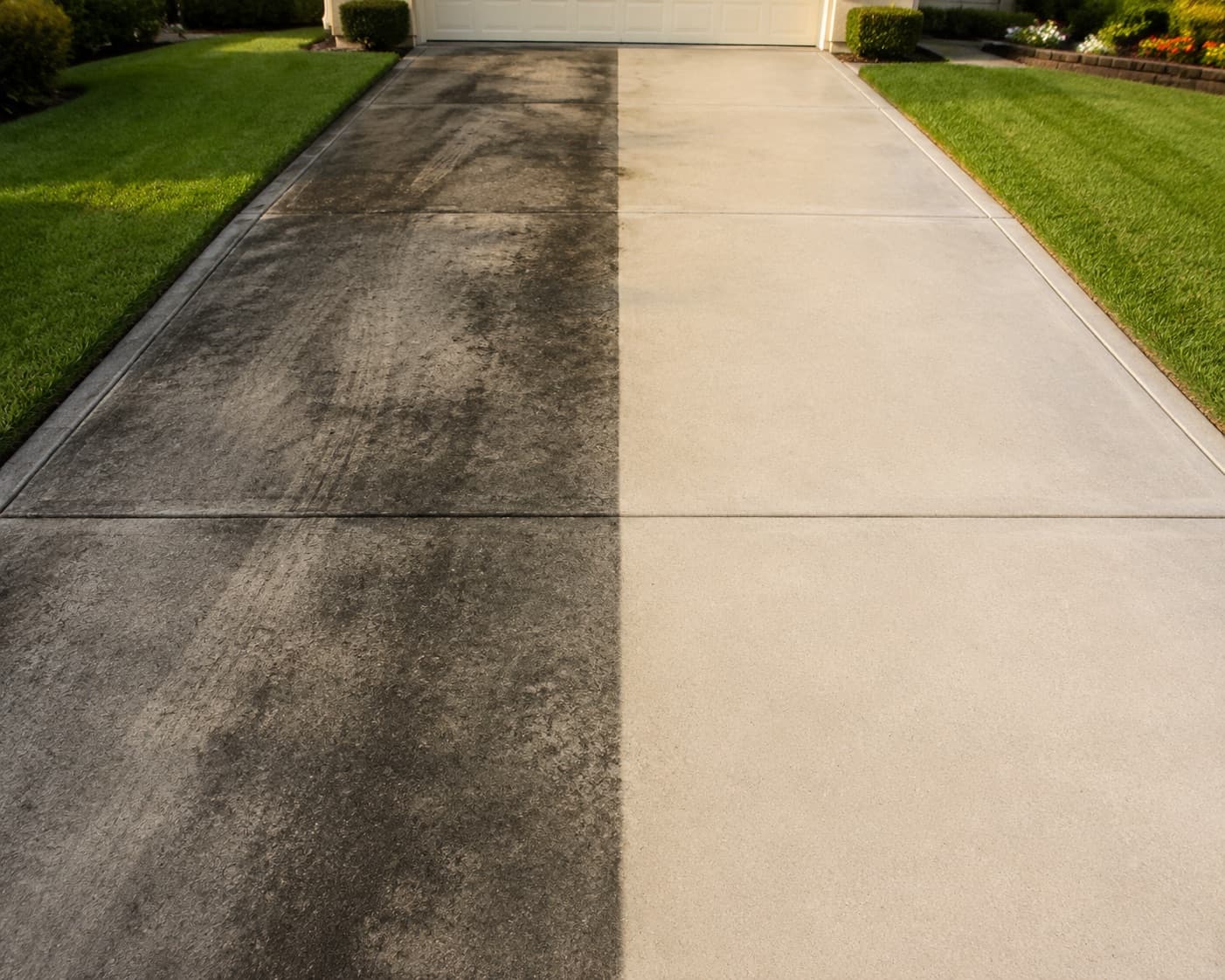 A driveway half covered in grime and half freshly pressure washed